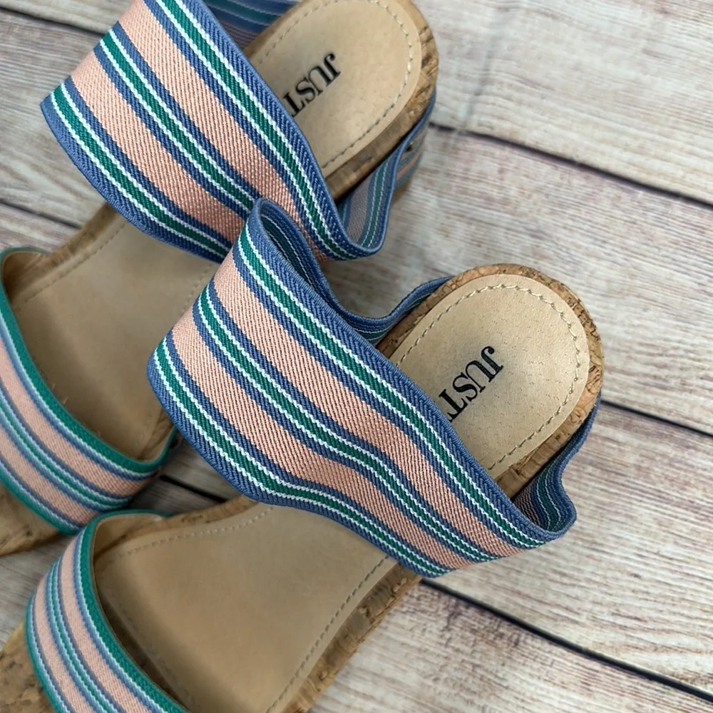 JustFab Stretchy Elastic Straps Blue and Pink Striped Wedges Size 8